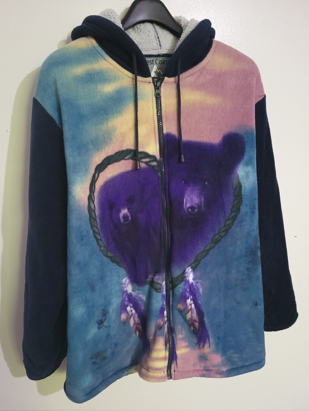 Vintage West Coast Bear Dreamcatcher Graphic Fleece Navy Blue Jacket Size XL